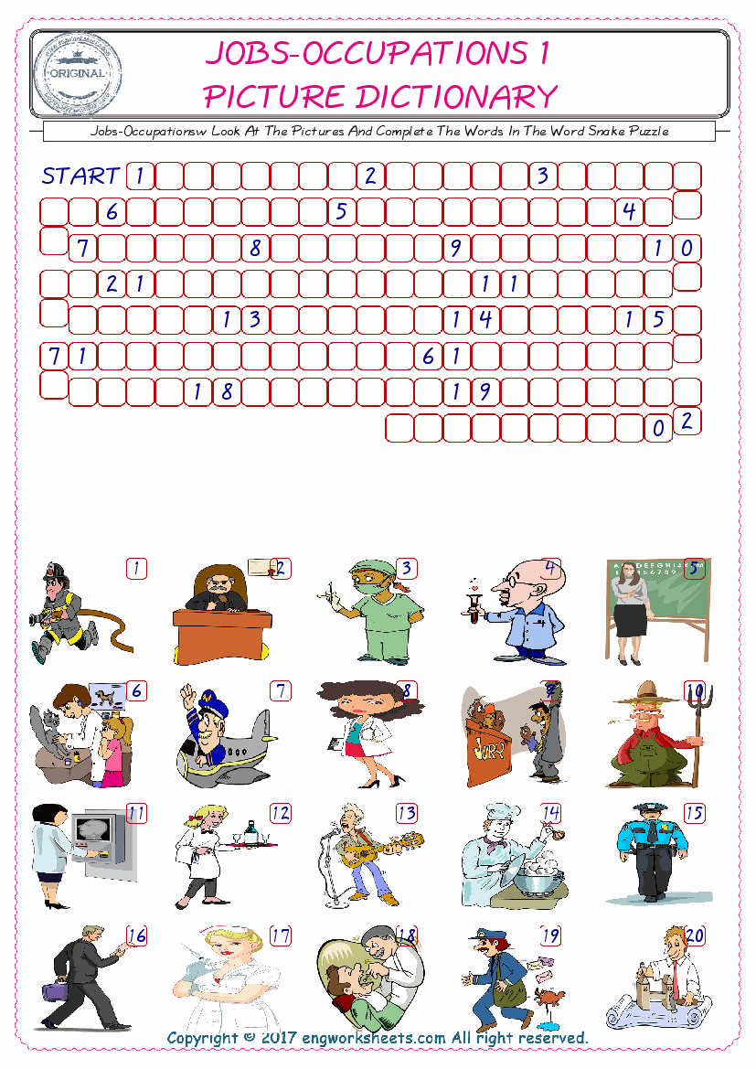  Check the Illustrations of Jobs-Occupations english worksheets for kids, and Supply the Missing Words in the Word Snake Puzzle ESL play. 
